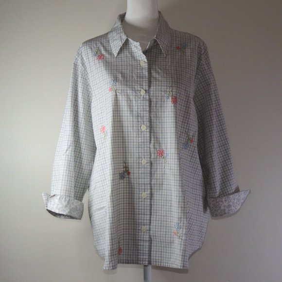 Alfred Dunner Women's Embroidered Floral Grid Button-Down Top Size 16W (C569) - Picture 2 of 6